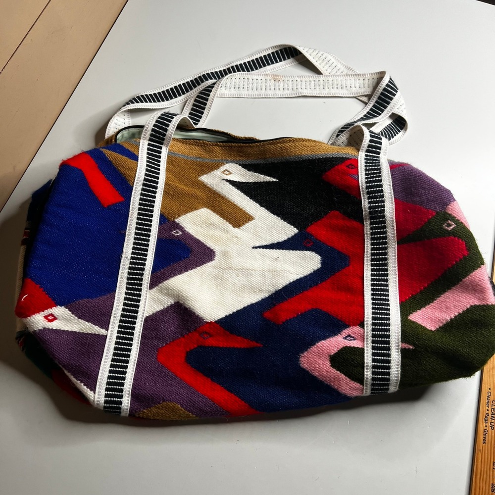 Handwoven Wool Geometric Bird Duffel Bag Multi Color Boho Weekender Tote